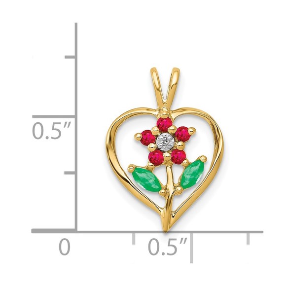 14k Yellow Gold Siam Ruby/Emerald/Diamond Flower in Heart Necklace Charm Pendant - Picture 4 of 4